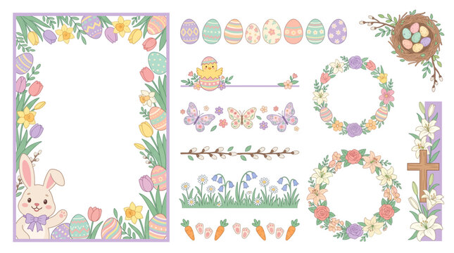 Easter Spring Pastel Bunny Egg Floral Border Frame Vector Clipart EPS