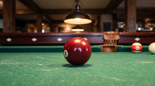 Close-up of a red billiard ball on a green felt pool table under soft lighting