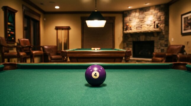 Purple billiard ball number 4 centered on a green pool table in a cozy game room