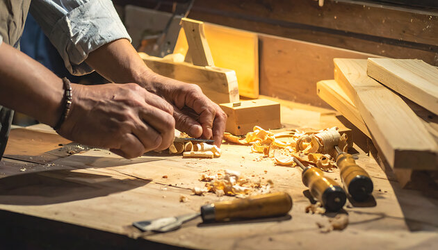 Craftsman hands using chisel to shave wood with shavings and tools on workbench, carpentry and woodworking concept