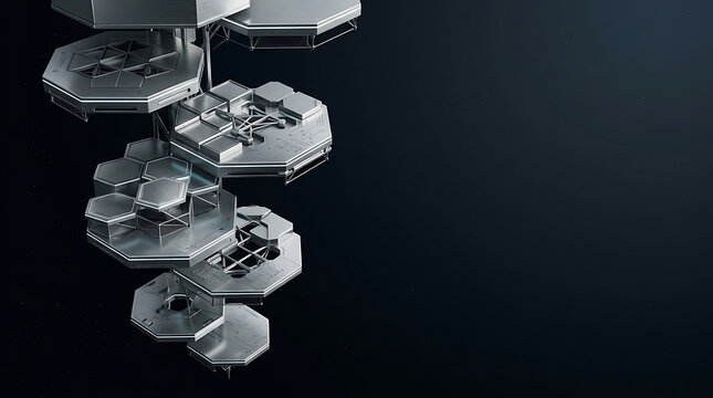 Futuristic metallic structure with hexagonal modules on dark background