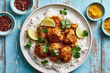 Fototapeta premium Curried chicken with rice and lime garnish, vibrant spices, rustic wooden background.