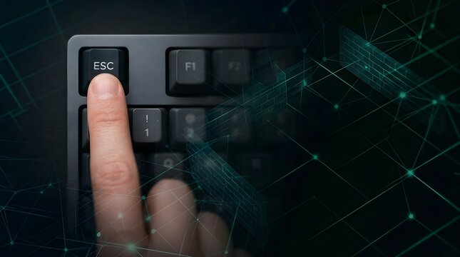 Finger Pressing ESC Key on Keyboard with Cyber Security Digital Network and Firewall Overlay.