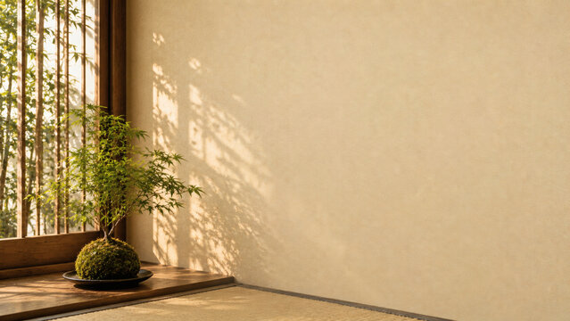 Minimalist Japanese Tatami Room with Bonsai Moss Arrangement and Large Copy Space