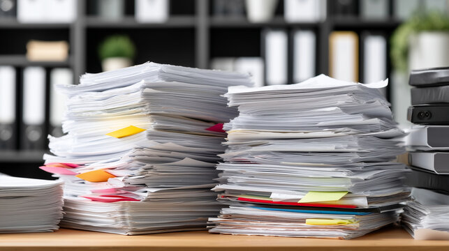 Messy office desk filled with stacked paperwork and business documents, archive overload, accounting and legal records, corporate bureaucracy, administrative workload, filing syste