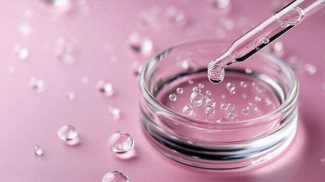 Pink cosmetic serum macro with glass pipette and clear acid droplets, hyaluronic acid skincare ingredient, beauty laboratory, liquid bubbles, clean dermatology formulation and prem