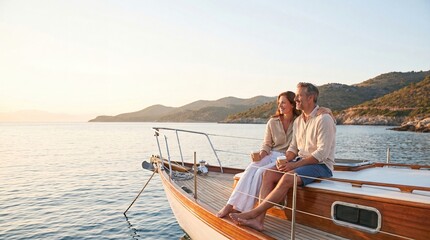 Fototapeta premium Mature couple relaxing with coffee on wooden yacht along calm coast at golden hour