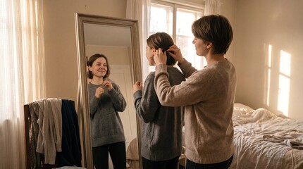 Fototapeta premium Woman helping another woman style short hair beside mirror in warm sunlit bedroom