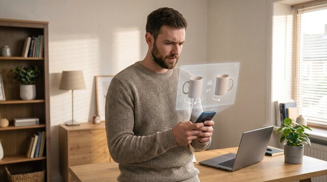 Focused man using smartphone with augmented reality product preview in modern home office