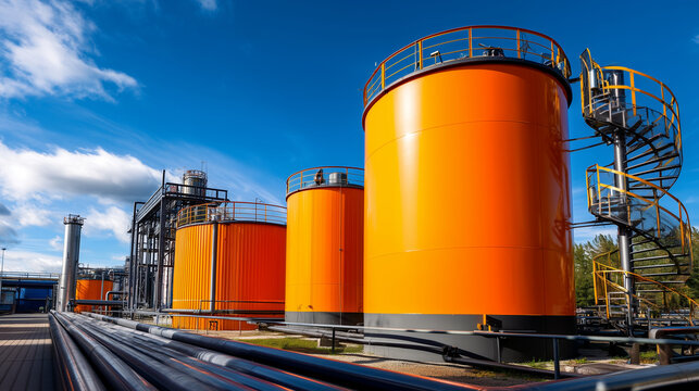 Industrial sulfuric acid storage tanks at chemical plant, bright orange H2SO4 containers, hazardous materials infrastructure, industrial safety, chemical manufacturing, refinery st