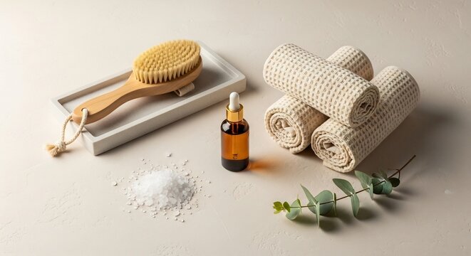 Spa and Wellness Essentials: Dry Brush Essential Oil Towels and Salt.