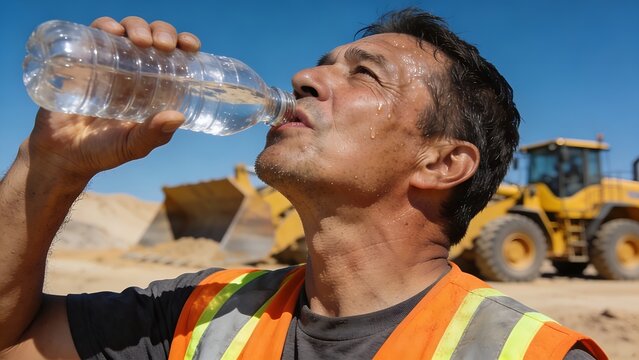 Sweaty construction worker in an orange reflective safety vest drinks cold refreshing water from a clear plastic bottle under the hot bright midday summer sun