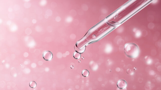 Pink cosmetic serum macro with glass pipette and clear acid droplets, hyaluronic acid skincare ingredient, beauty laboratory, liquid bubbles, clean dermatology formulation and prem