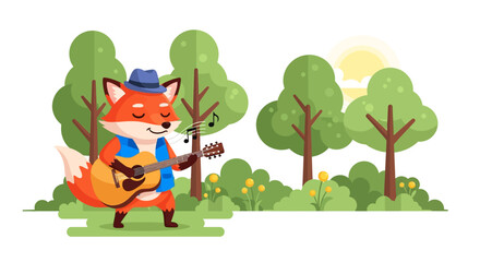 Fototapeta premium Cute Fox with Guitar Sings in a Summer Forest Scene - Flat Design Illustration