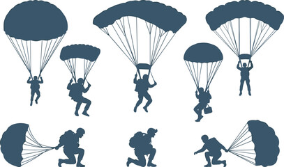 Parachutist Silhouette Collection Featuring Skydivers Landing with Parachutes in Various Airborne and Ground Action Vector Poses © MstSuborna