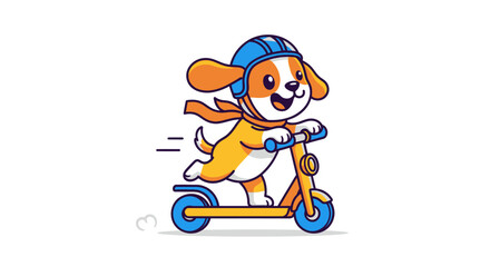 Fototapeta premium Happy dog in helmet rides electric scooter, fast motion, cartoon style