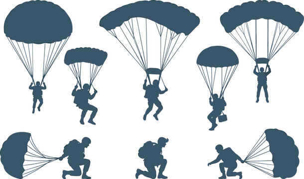 Parachutist Silhouette Collection Featuring Skydivers Landing with Parachutes in Various Airborne and Ground Action Vector Poses