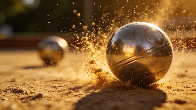 Shiny metallic petanque ball hitting the dusty ground causing a dramatic explosion of sand particles during a warm golden hour session of classic outdoor leisure sport