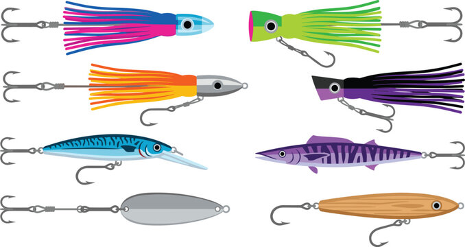 Fishing Lure Collection with Colorful Trolling Baits, Squid Skirts, Crankbaits, and Artificial Fish Hooks for Angling Vector Set