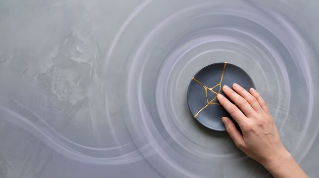 Kintsugi Ceramic Plate with Gold Repair on Ripple Textured Background, Wabi-Sabi Concept of Healing.