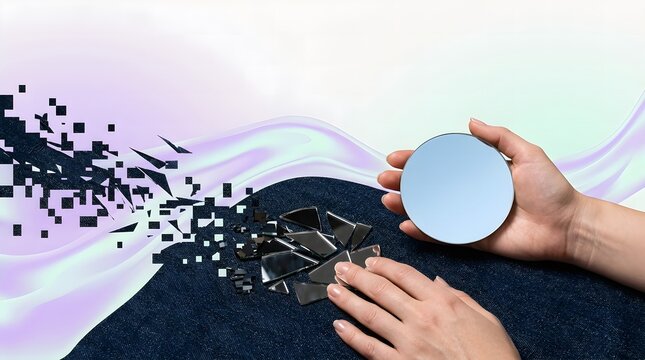 Conceptual Image of Hands Holding a Mirror Near Shattered Glass with Digital Disintegration Effect.