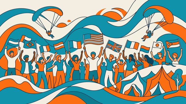 Diverse Crowd Waving National Flags, Parachutes, Tents, Celebration