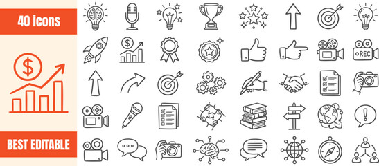 Business Growth Icons Including Finance, Rocket Launch, Target, and Collaboration for Startup Concepts © Ayesha