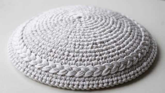 White crocheted kippah with decorative braided pattern isolated on white background