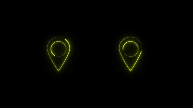 Neon Yellow glowing map pin icon on black background, location symbol, navigation concept. map pin icon animation on black background.