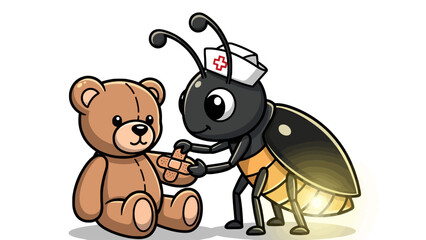 Naklejka premium Cartoon Firefly Nurse Applying Bandage to Teddy Bear