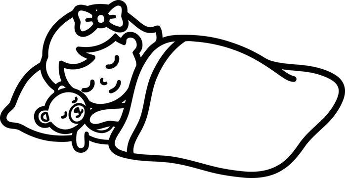 Happy girl sleeping with teddy bear, peaceful dream, bedtime, vector illustration