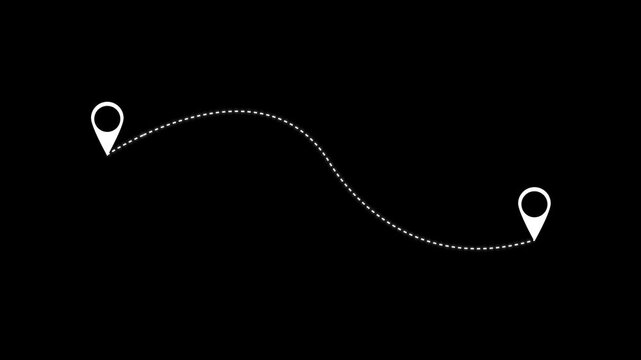 Two location pins connected by a dashed line animated on background. location pins connected by a  