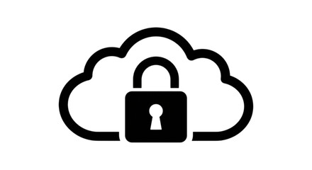 Solid silhouette style vector image featuring a secure lock superimposed on a cloud background, representing cloud security, remote storage safety, and data privacy. © Muhammad