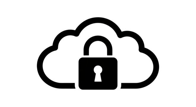 Solid silhouette style vector image featuring a secure lock superimposed on a cloud background, representing cloud security, remote storage safety, and data privacy.