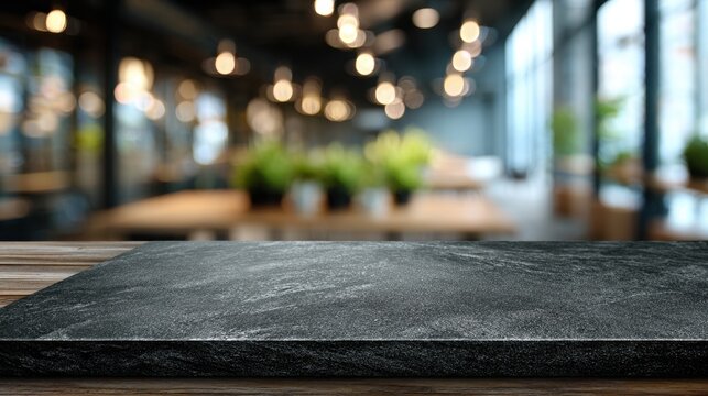 Empty black slate countertop with blurred modern cafe interior background
