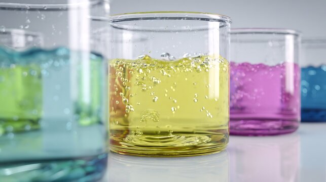 Effervescent colorful liquids in glass beakers with bubbles and foam for chemical analysis and laboratory research