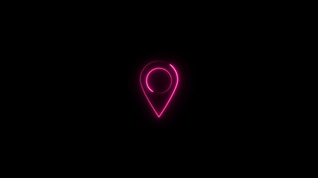 Abstract location glowing neon icon fast tracking map pin icon animation on black background. place address travel direction road signs map