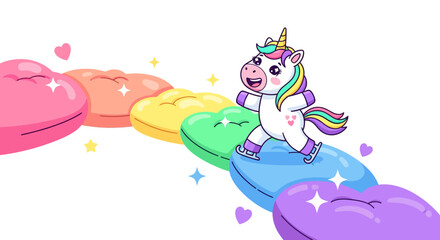 Fototapeta premium Cute cartoon unicorn ice skating on a rainbow heart path with sparkles