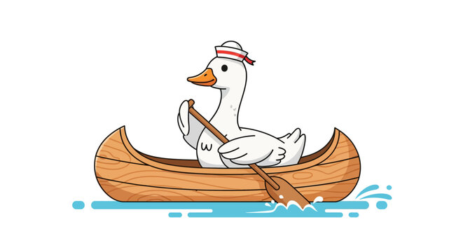 Cute Cartoon Duck Paddling a Wooden Canoe
