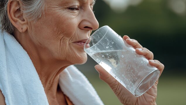 An elderly woman with a towel around her neck drinks from a glass of water after exercising