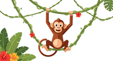Naklejka premium Cute monkey swinging on vines, jungle leaves and flowers, cartoon style isolated on white
