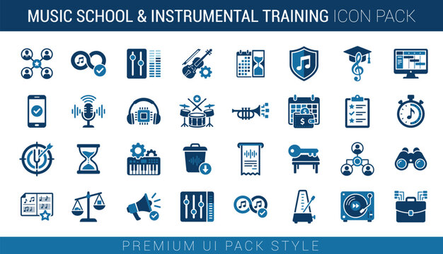 Music school instrumental training icon pack premium ui pack style with 32 unique icons for musicians.