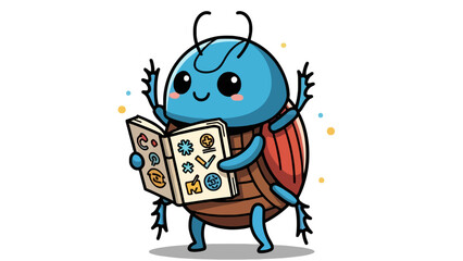 Cute blue beetle character reading a book with colorful icons, cartoon illustration