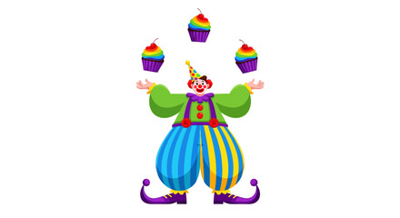 Naklejka premium Joyful Clown Juggling Rainbow Cupcakes, Party Fun, Whimsical Celebration