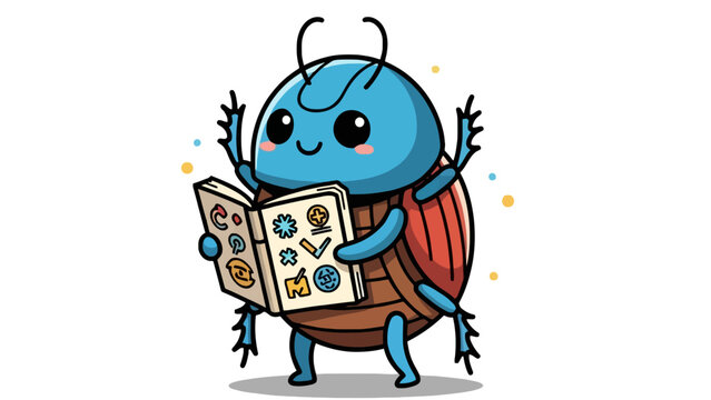 Cute blue beetle character reading a book with colorful icons, cartoon illustration