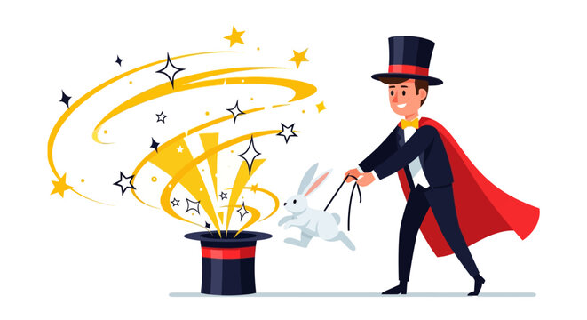 Magician pulling rabbit from top hat with sparkling magic effect