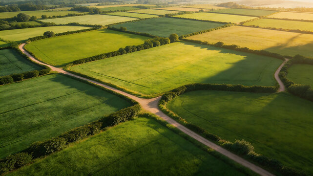 Aerial view of green fields and winding paths ideal for wellness retreats and mindfulness content