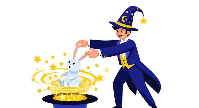 Magician pulls rabbit from hat with stars and magic effect illustration