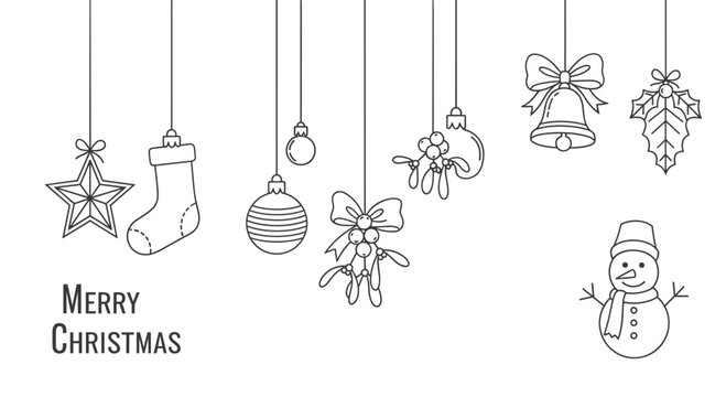 Festive Christmas coloring page illustration featuring various hanging ornaments, a snowman, and mistletoe in line art style.