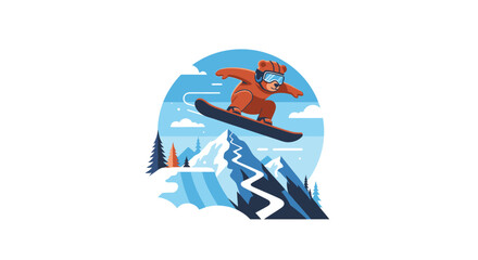 Naklejka premium Cartoon bear jumps on snowboard down snowy mountain, winter sports illustration